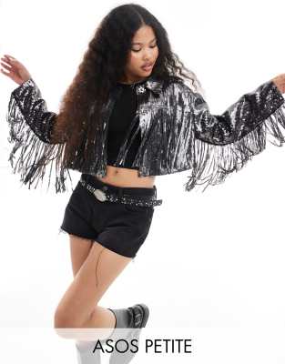 ASOS DESIGN Petite fringe sequin jacket in gunmetal-Silver