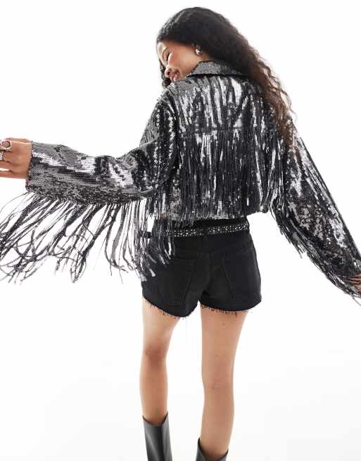 ASOS Design Petite fringe sequin jacket in gunmetal Silver