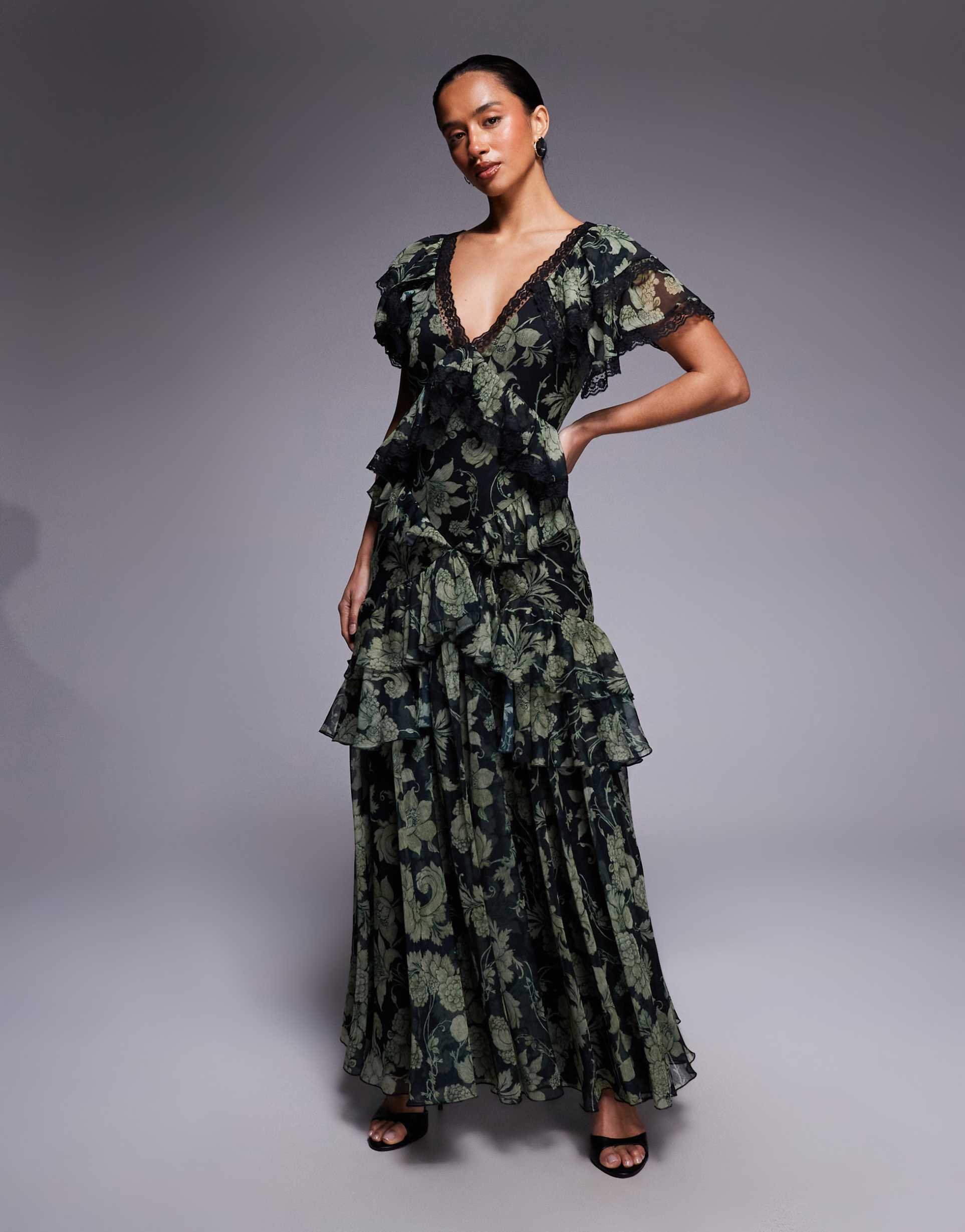 asos design petite full hem ruffle maxi dress with lace trim detailing and open back in green floral