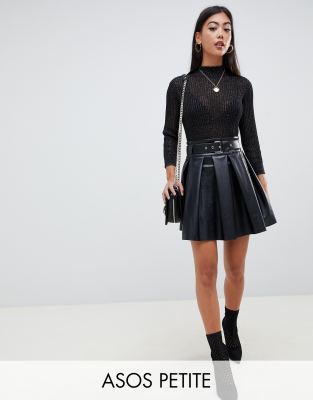 ASOS DESIGN Petite full skater leather look mini skirt with self belt ...