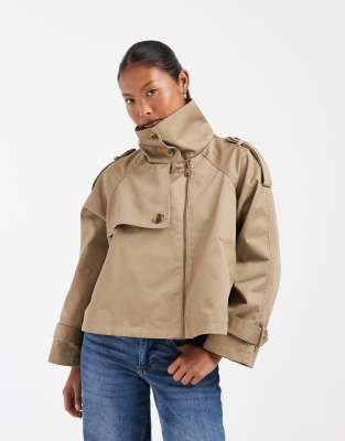 Asos Petite Asos Design Petite Funnel Cropped Cape Trench Coat In Neutral