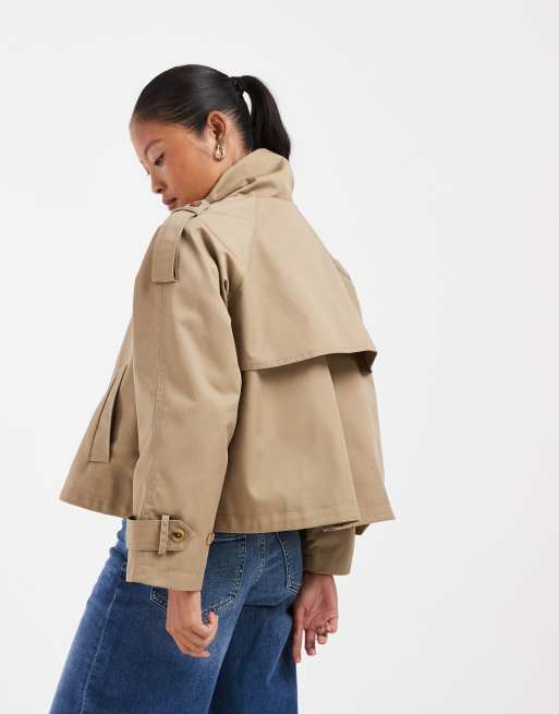ASOS DESIGN Petite funnel cropped cape trench coat in rye, 3 of 4
