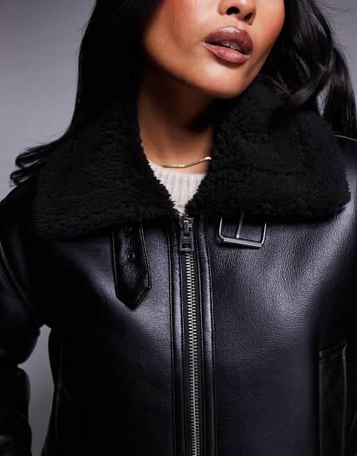 ASOS DESIGN Petite funnel neck aviator jacket in black