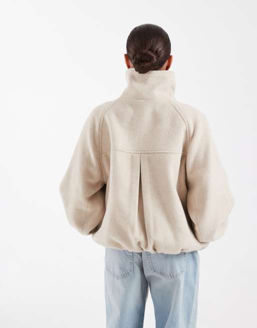 ASOS DESIGN Petite funnel neck bubble hem jacket with wool in cream, 2 of 4