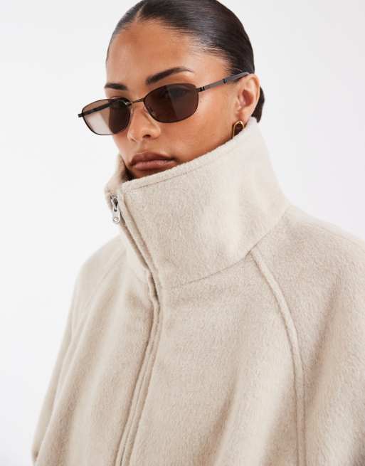 ASOS DESIGN Petite funnel neck bubble hem jacket with wool in cream, 3 of 4