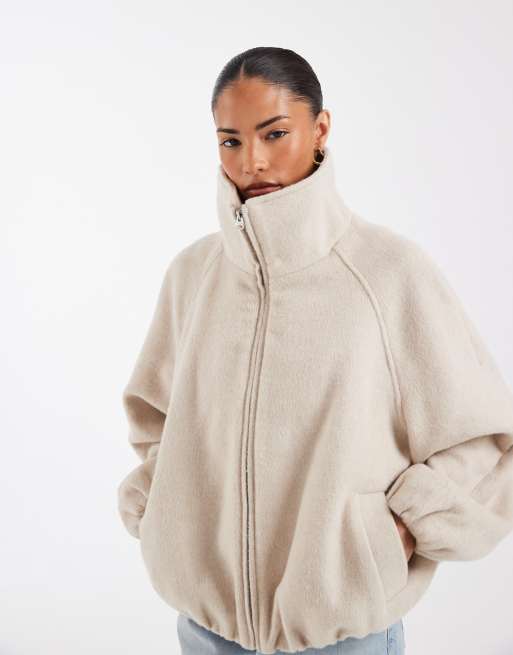 ASOS DESIGN Petite funnel neck bubble hem jacket with wool in cream, 4 of 4