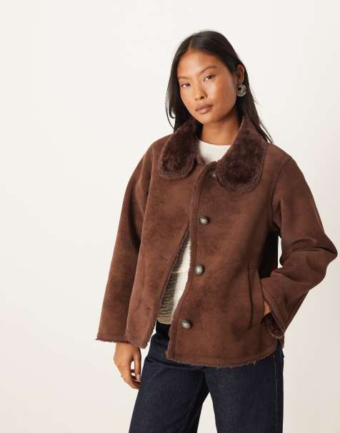 ASOS DESIGN Petite funnel neck faux suede bonded jacket in chocolate - view 1