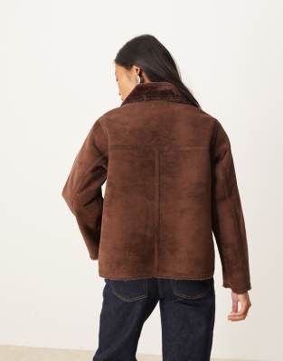 Asos Petite Asos Design Petite Funnel Neck Faux Suede Bonded Jacket In Brown