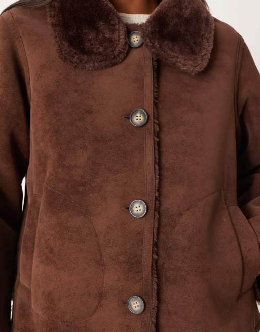 ASOS DESIGN Petite funnel neck faux suede bonded jacket in chocolate, 3 of 4