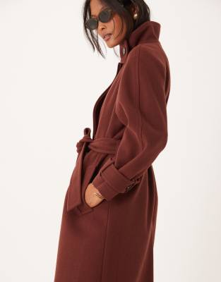 ASOS DESIGN Petite funnel neck longline coat in mocha-Black
