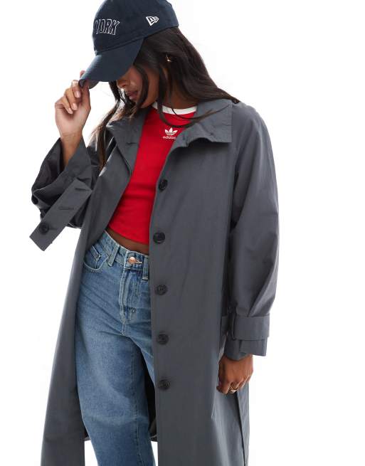 ASOS DESIGN Petite funnel neck oversized longline trench coat in navy ASOS