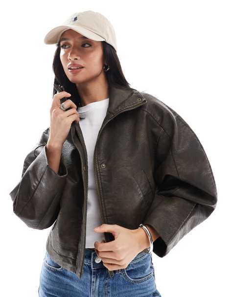 ASOS DESIGN Petite funnel neck textured leather look bomber jacket in brown - view 1