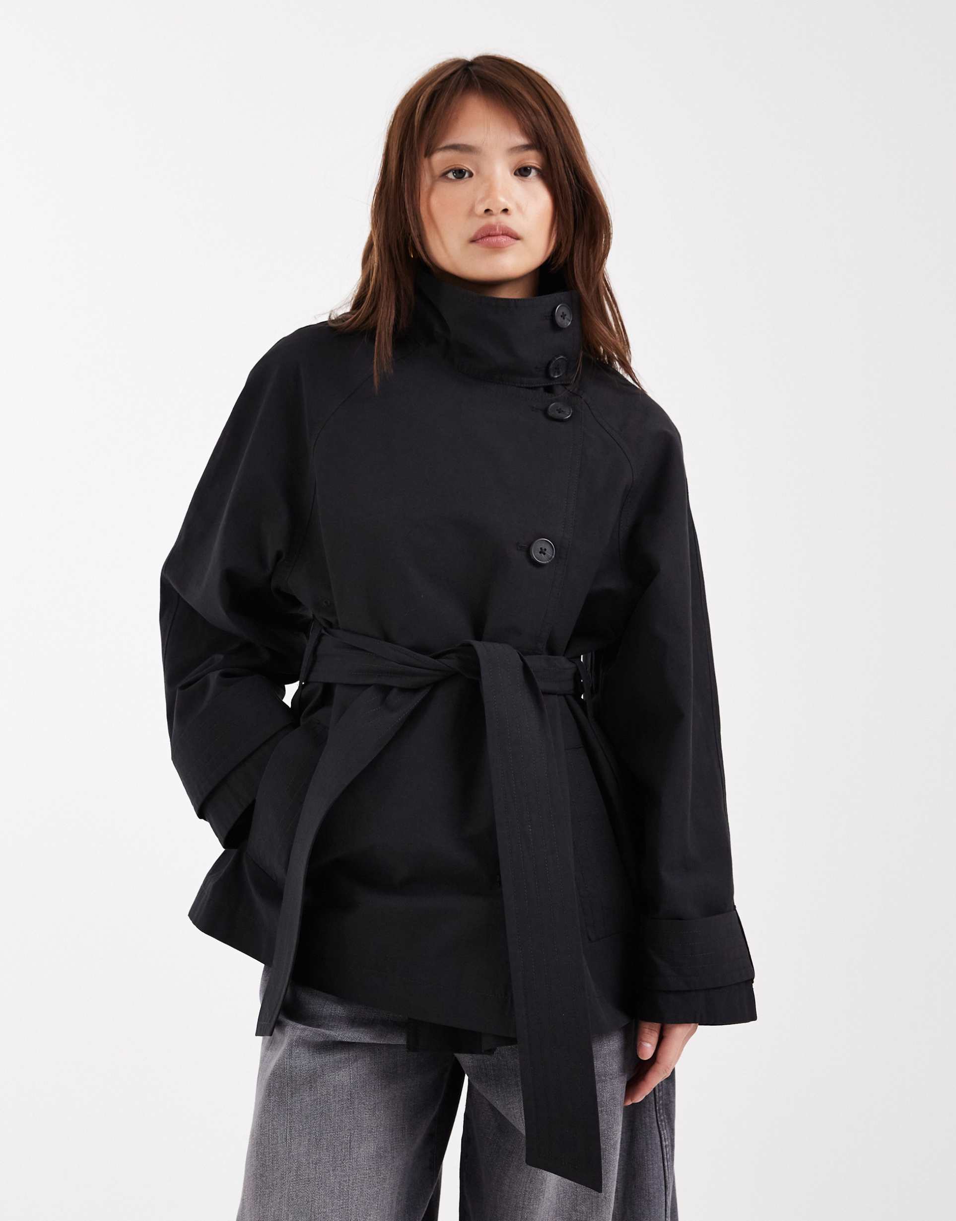 asos design petite funnel neck tie belt trench coat in black