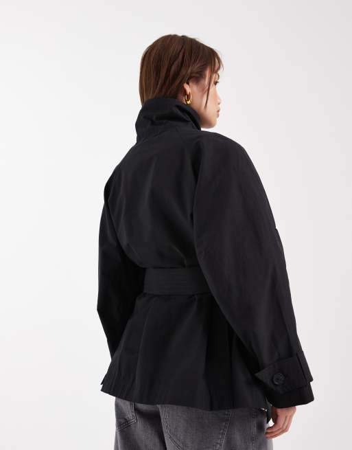 ASOS DESIGN Petite funnel neck tie belt trench coat in black, 2 of 4