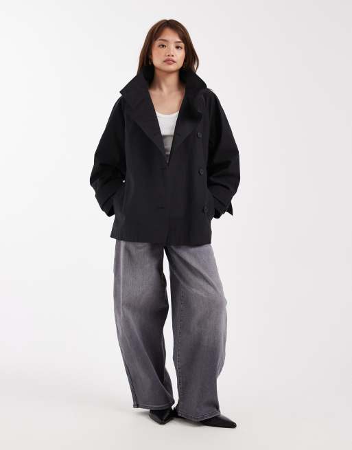 ASOS DESIGN Petite funnel neck tie belt trench coat in black, 4 of 4