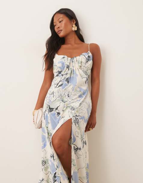 ASOS DESIGN Petite gathered bust strappy cross back midi dress in blue floral print - view 1