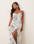 [ASOS Petite] ASOS DESIGN Petite gathered bust strappy cross-back midi dress in blue floral print-Multi 12 Blue floral