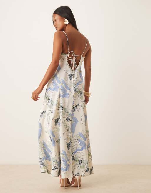 ASOS DESIGN Petite gathered bust strappy cross back midi dress in blue floral print, 4 of 4