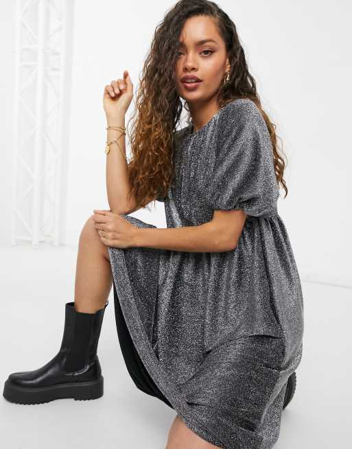 ASOS DESIGN Petite gathered neck midi smock dress in silver glitter | ASOS