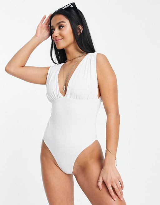 ASOS DESIGN Petite gathered plunge swimsuit in white