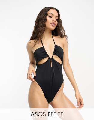 ASOS DESIGN Petite gathered ruche cut out swimsuit in black