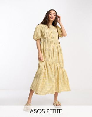 ASOS DESIGN Petite gathered tiered midi dress in yellow picnic check