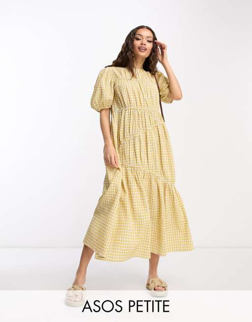 ASOS DESIGN Petite gathered tiered midi dress in yellow picnic plaid | ASOS