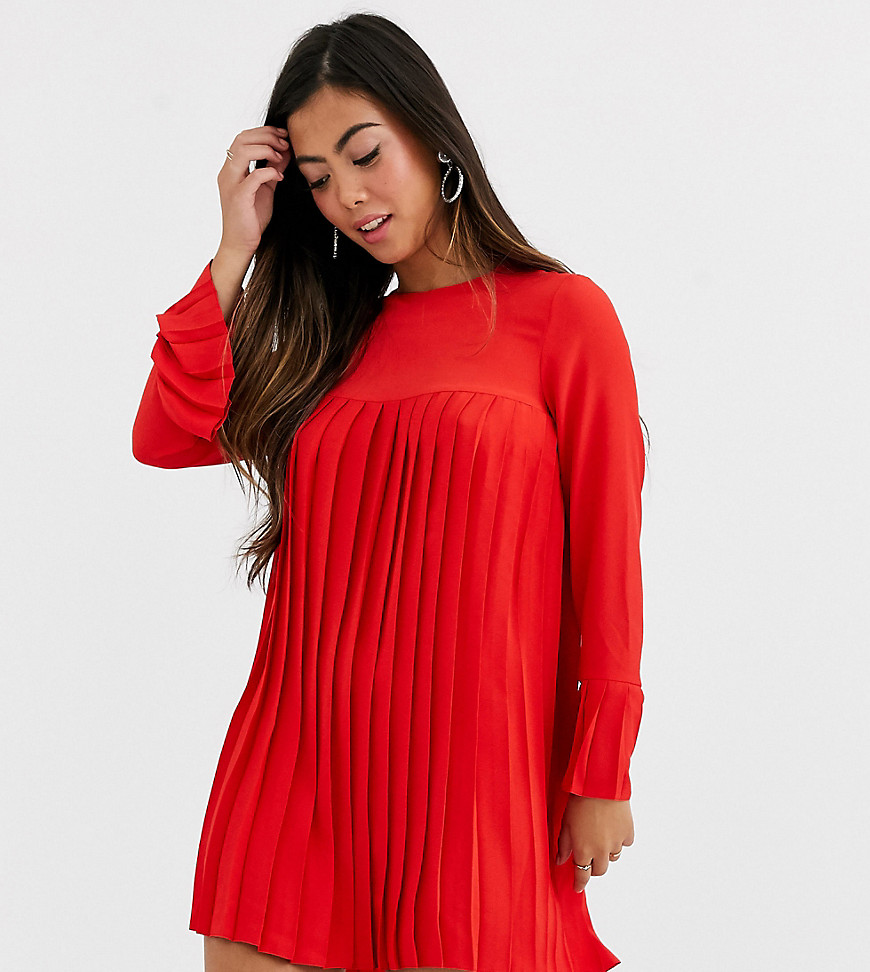 ASOS DESIGN Petite - Geplooide A-lijn mini-jurk met lange mouwen-Rood