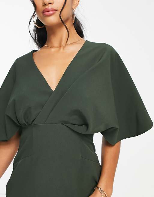 ASOS DESIGN Petite - Geplooide midi blouson-jurk in kaki, 3 van 4