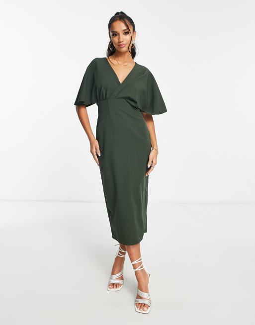 ASOS DESIGN Petite - Geplooide midi blouson-jurk in kaki, 4 van 4