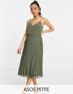 ASOS DESIGN Petite - Geplooide midi-jurk met camibandjes en trekkoord in de taille in kaki