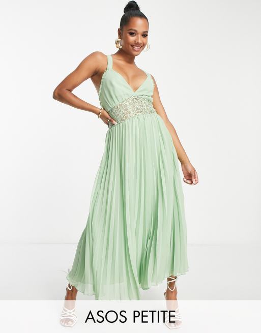 ASOS DESIGN Petite - Geplooide midi-jurk met kanten inzetstuk in saliegroen