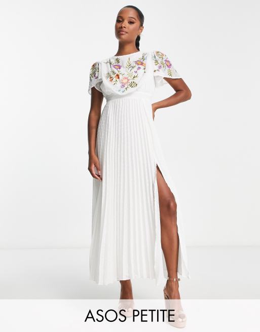 ASOS DESIGN Petite - Geplooide midi-jurk van dobbystof met gedrapeerde voorkant, borduursels en riem in wit