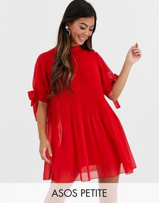 ASOS DESIGN - Petite - Geplooide mini-jurk met A-lijn en gestrikte mouwen-Rood