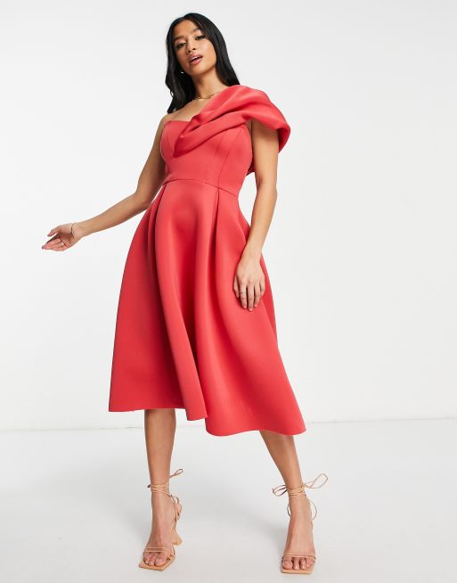 ASOS DESIGN Petite Gerafftes Ballkleid in leuchtendem Rosa mit One Shoulder Trager