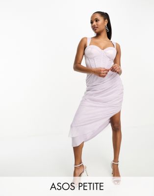 ASOS DESIGN Petite - Gerafftes Maxikleid aus Satin und Mesh in Flieder mit Oberteil in Korsett-Optik-Bunt