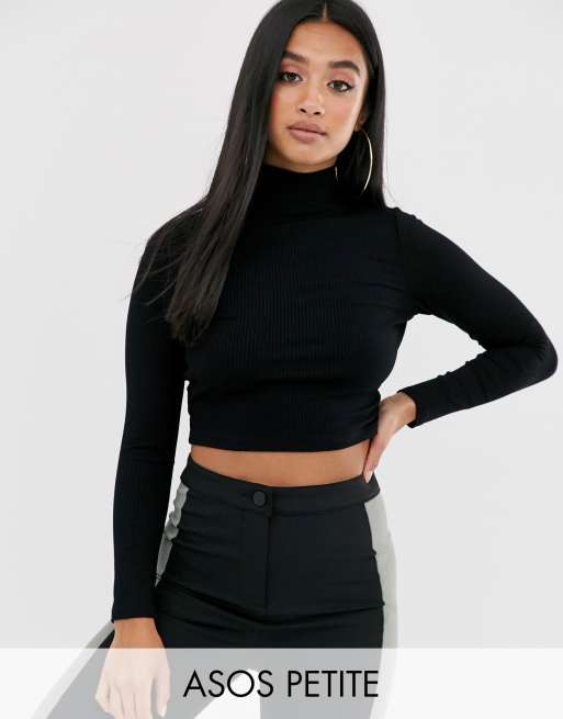 ASOS DESIGN Petite - Geribbelde crop top met lange mouwen en col in zwart