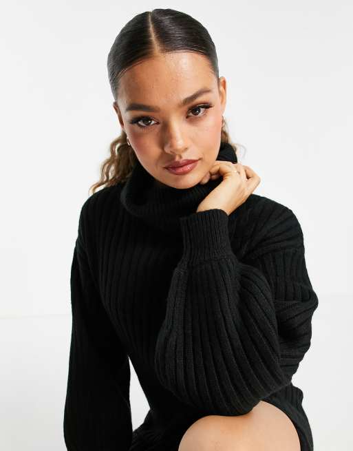 ASOS DESIGN Petite - Geribbelde midi-jurk met gedrapeerde halslijn in zwart, 3 van 4