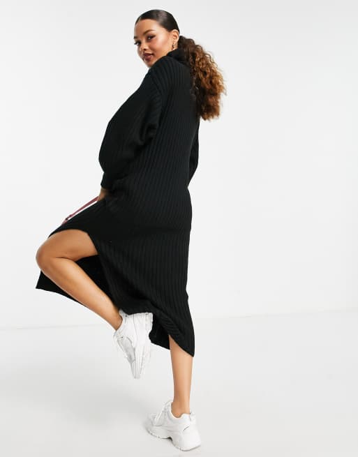 ASOS DESIGN Petite - Geribbelde midi-jurk met gedrapeerde halslijn in zwart, 4 van 4