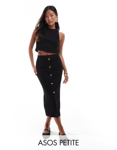 ASOS DESIGN Petite - Geribbelde midi rok met hoornen knopen in zwart - view 1