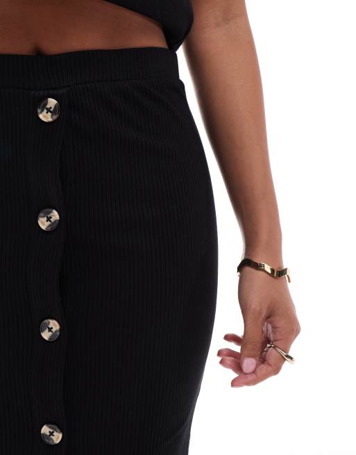 ASOS DESIGN Petite - Geribbelde midi rok met hoornen knopen in zwart, 2 van 5
