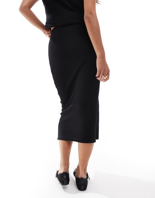 ASOS DESIGN Petite - Geribbelde midi rok met hoornen knopen in zwart, 3 van 5