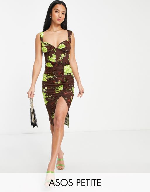 ASOS DESIGN Petite - Gerimpelde midi-jurk met korset, knopen en bloemenprint in limoen