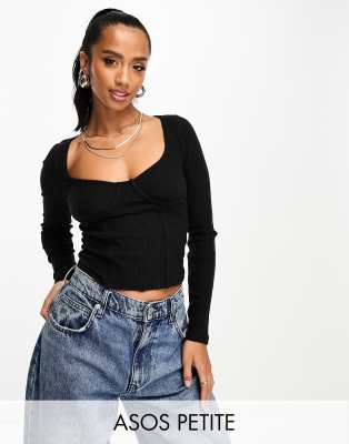 ASOS DESIGN Petite - Geripptes Korsett-Oberteil in Schwarz mit Nahtdetail an der Brust