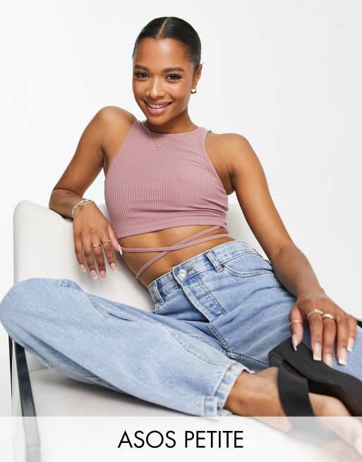 ASOS DESIGN Petite –Geripptes Tanktop in Rosé mit Taillenband