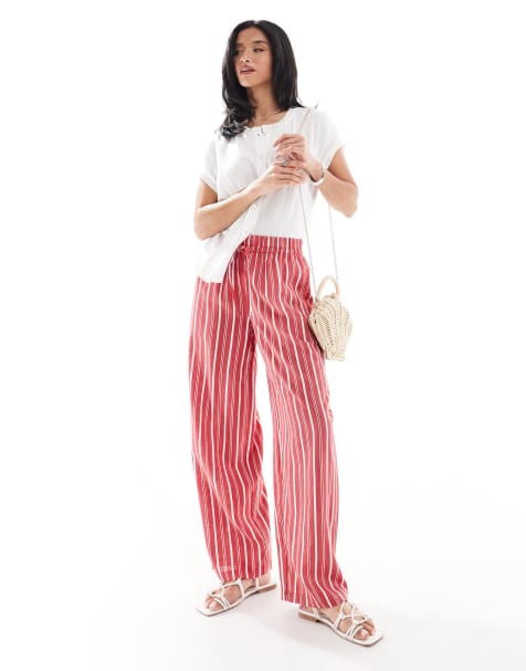 ASOS DESIGN Petite - Gestreepte broek met linnen en elastische taille in rood - view 1
