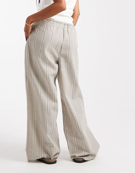 ASOS DESIGN Petite - Gestreepte broek met linnenlook en elastische gestrikte taille in taupe , 4 van 5