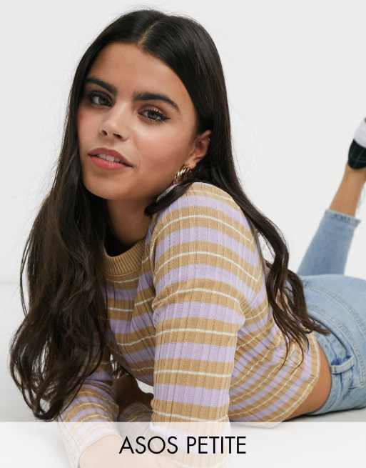 ASOS DESIGN Petite - Gestreepte trui met ronde hals in lila en camel
