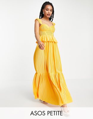 ASOS DESIGN Petite - Gestuftes Maxikleid in Marigold mit Korsettdetail und Plissee-Bunt