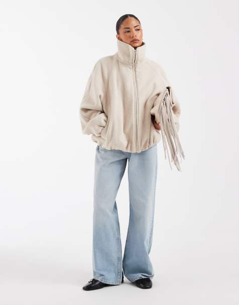 ASOS DESIGN Petite - Giacca color crema in lana con collo a imbuto e fondo a palloncino - view 1